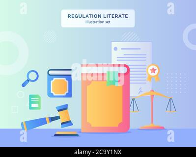 Regulation literate illustration set book hammer background of scale certified ribbon document contract with flat style. Stock Vector