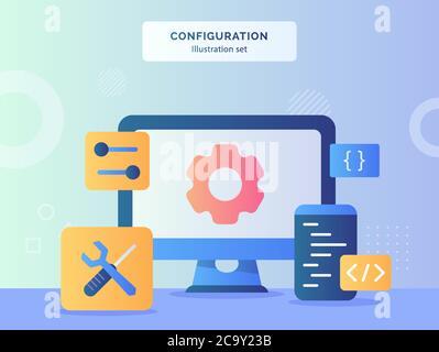 Configuration illustration set gear on display monitor computer nearby screwdriver wrench setting coding language program with flat style. Stock Vector