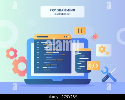 Programming illustration set coding language program on display monitor laptop background of mechanic symbol wrench screwdriver gear bug with flat Stock Vector