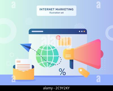 Internet marketing illustration set paper plane flying from globe in display monitor computer nearby megaphone email notification label percentage Stock Vector
