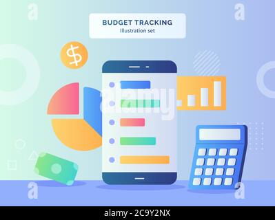 Budget tracking illustration set smartphone background of calculator pie chart money dollar icon with flat style Stock Vector