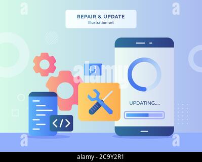Repair and update illustration set updating data on display screen smartphone background of wrench screwdriver gear coding language program with flat Stock Vector