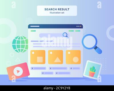 Search result illustration set user interface in monitor computer background of video picture globe lupe with flat style Stock Vector