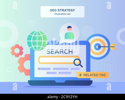 EO strategy illustration set search machine display monitor laptop background of globe gear goal target with flat style. Stock Vector