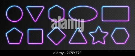 Neon gradient frames set, collection of blue-pink glowing borders isolated on a dark background. Stock Vector