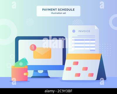Payment schedule illustration set calendar with marker date background of invoice paper money put in wallet email message notification on display Stock Vector