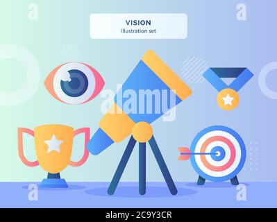 Vision illustration set telescope look up background of eye ball trophy medal arrow shoot on target with flat style. Stock Vector