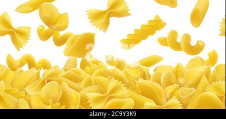 Pasta border, different raw pasta types falling over white background Stock Photo