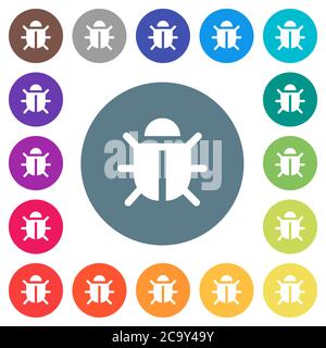 Computer bug flat white icons on round color backgrounds. 17 background color variations are included. Stock Vector