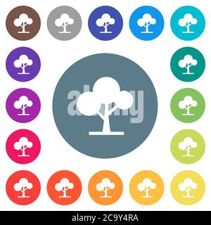 Leafy tree flat white icons on round color backgrounds. 17 background color variations are included. Stock Vector
