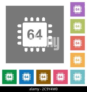 Microprocessor 64 bit architecture flat icons on simple color square backgrounds Stock Vector