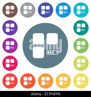 Component processing flat white icons on round color backgrounds. 17 background color variations are included. Stock Vector