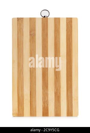 new rectangular striped kitchen cutting board isolated on white background, close up Stock Photo