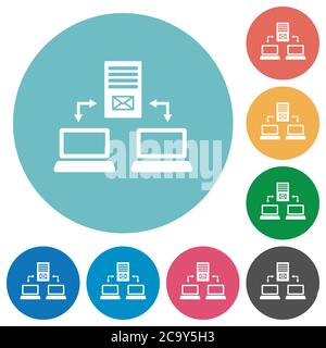 Multiple connections to mail server flat white icons on round color backgrounds Stock Vector