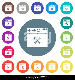 Browser tools flat white icons on round color backgrounds. 17 background color variations are included. Stock Vector