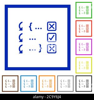 Debugging program flat color icons in square frames on white background Stock Vector
