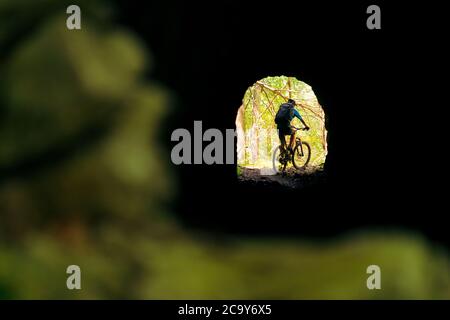 cyclist with backpack and mountain bike leaving at the end of a tunnel, concept of sport and healthy lifestyle in nature, copy space for text Stock Photo