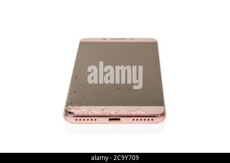 beautiful new smartphone with type-c connector with broken screen isolated on white background Stock Photo