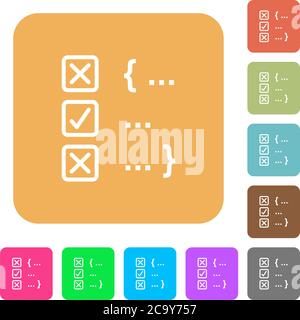 Source code checking flat icons on rounded square vivid color backgrounds. Stock Vector