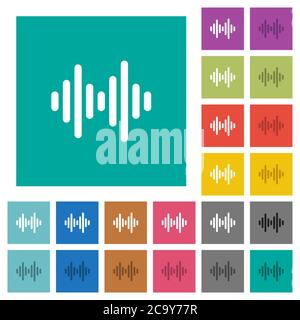 Sound wave multi colored flat icons on plain square backgrounds. Included white and darker icon variations for hover or active effects. Stock Vector