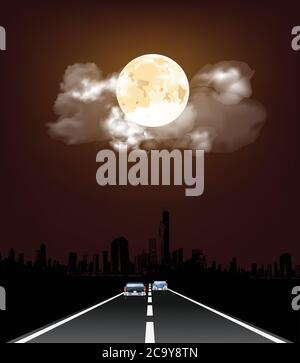 Traffic on roadway leading to generic silhouetted city skyline with stunning night time full moon Stock Vector