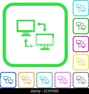 Data syncronization vivid colored flat icons in curved borders on white background Stock Vector