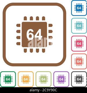 Microprocessor 64 bit architecture simple icons in color rounded square frames on white background Stock Vector