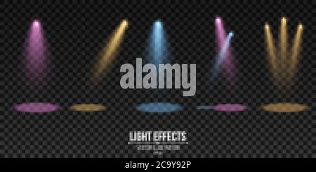 Multicolored spotlights isolated on a dark transparent background. A set of light effects. Elements for show and stage. Vector illustration. EPS 10. Stock Vector