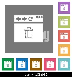 Browser delete flat icons on simple color square backgrounds Stock Vector