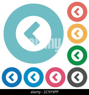 Chevron left flat white icons on round color backgrounds Stock Vector