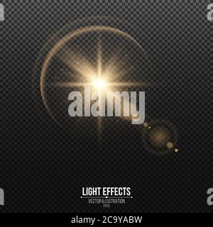 Stylish realistic golden star with glitter and bokeh isolated on a dark transparent background. Glowing element. Vector illustration. EPS 10. Stock Vector