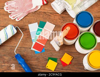 Renovation tools and blueprints Stock Photo