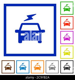 Electric car with flash flat color icons in square frames on white background Stock Vector