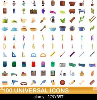 100 universal icons set. Cartoon illustration of 100 universal icons vector set isolated on white background Stock Vector