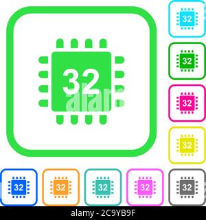 Microprocessor 32 bit architecture vivid colored flat icons in curved borders on white background Stock Vector