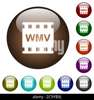 WMV movie format white icons on round color glass buttons Stock Vector