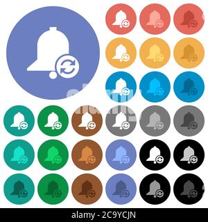 Refresh reminder multi colored flat icons on round backgrounds. Included white, light and dark icon variations for hover and active status effects, an Stock Vector