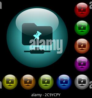 FTP pin icons in color illuminated spherical glass buttons on black background. Can be used to black or dark templates Stock Vector