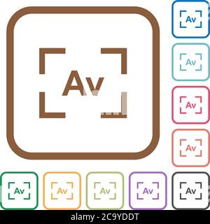 Camera aperture value mode simple icons in color rounded square frames on white background Stock Vector