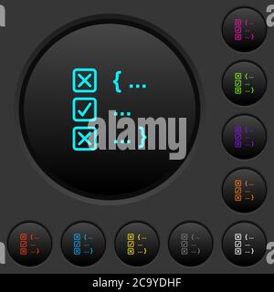 Source code checking dark push buttons with vivid color icons on dark grey background Stock Vector
