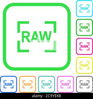 Camera raw image mode vivid colored flat icons in curved borders on white background Stock Vector