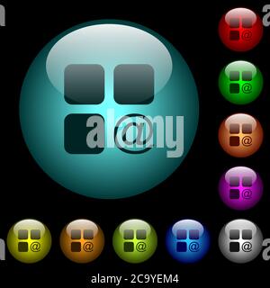 Component sending email icons in color illuminated spherical glass buttons on black background. Can be used to black or dark templates Stock Vector
