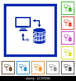 Syncronize data with database flat color icons in square frames on white background Stock Vector