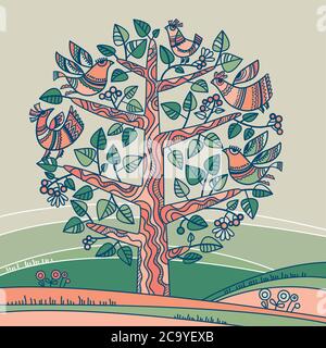 Traditional Ukraine folk art inspired fairy life tree. Big standalone tree with decorative birds in pastel colors. Stock Vector