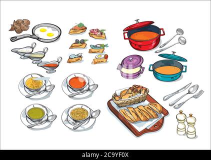 Crockery and dishes, skewers and snacks hand drawn set Stock Vector