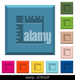 Canvas rulers engraved icons on edged square buttons in various trendy colors Stock Vector