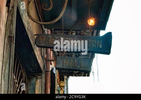 NEW ORLEANS, LOUISIANA - APRIL 24: Preservation hall sign in the French Quarter, New Orleans,LA. Historic jazz venue. Stock Photo