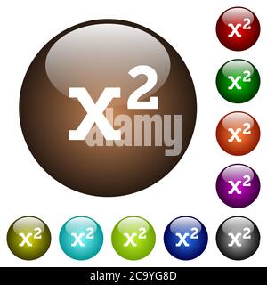 Math exponentiation white icons on round color glass buttons Stock Vector