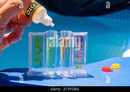 Pool testing kit for water Cloro and ph levels in home pools Stock Photo