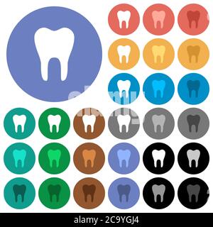 Single tooth multi colored flat icons on round backgrounds. Included white, light and dark icon variations for hover and active status effects, and bo Stock Vector